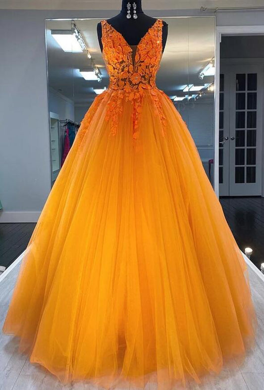 Orange Ball Gown Long Prom Dress with Lace Top BP1131