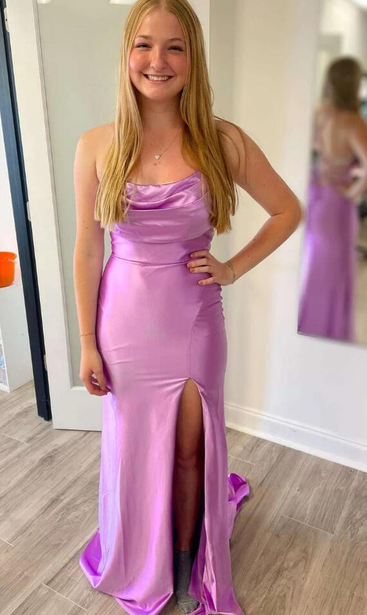 Lilac Satin Cowl Neck Long Prom Dress with Slit BP1135