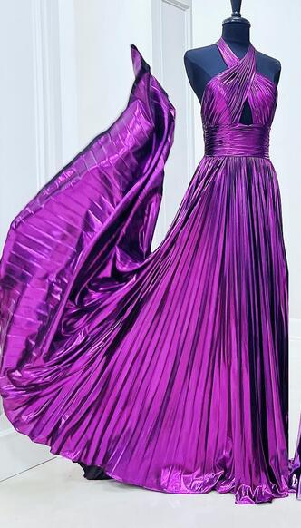 Metallic Pleated Long Prom Dress BP1142