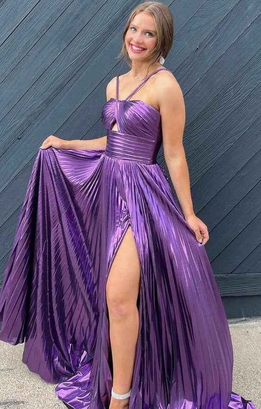 Metallic Pleated Long Prom Dress BP1143