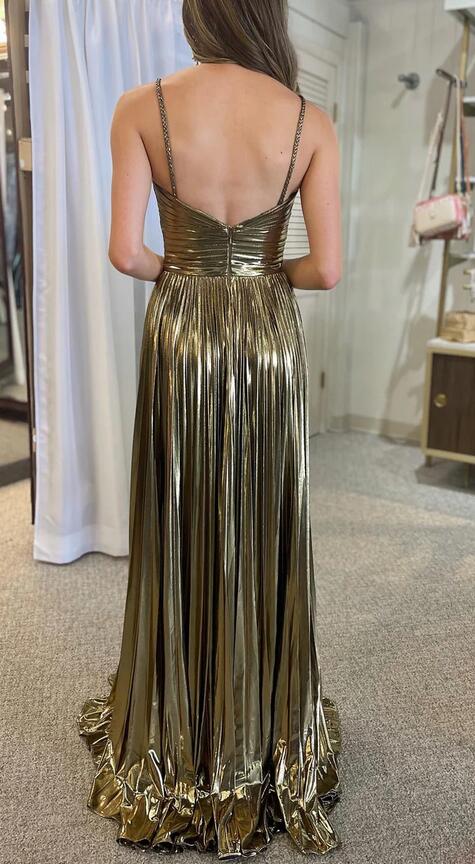 Metallic Pleated Long Prom Dress BP1143