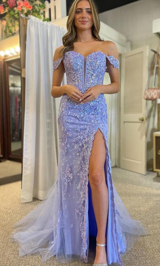 Charming Mermaid Off the Shoulder Lavender Corset Prom Dress with Appliques BP1153