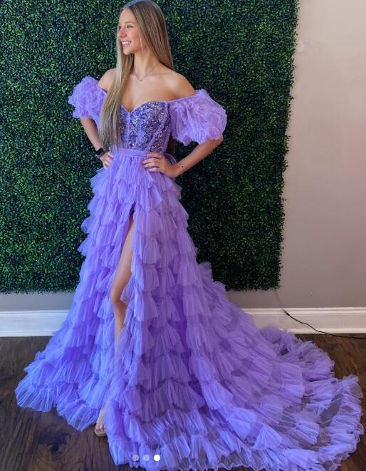 Ruffle Tulle Long Prom Dress with Off the Shoulder Sleeves BP1161