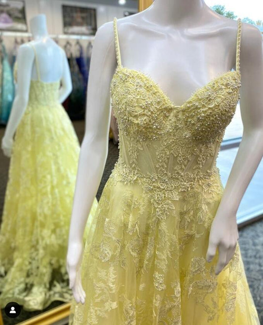 Straps Tulle/lace Yellow Long Prom Dress  BP1158