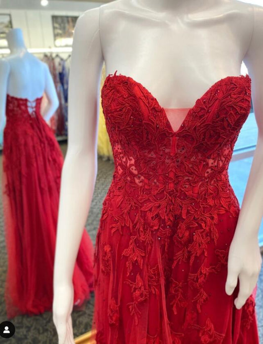 Strapless Tulle/lace Red Long Prom Dress  BP1157