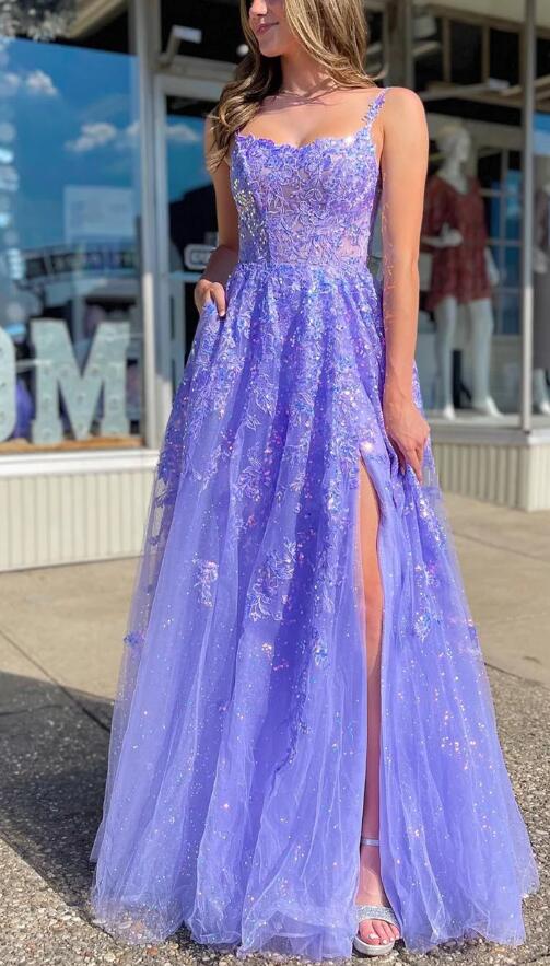 Tulle/Lace Sequins Scoop Neck A-Line Long Prom Dress with Slit BP1168