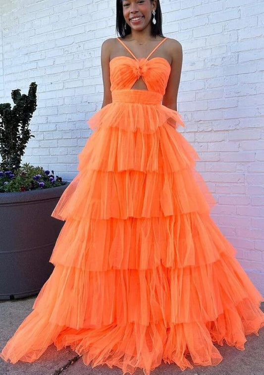 2024 Tulle Long Prom Dress with Keyhole and Ruffle Skirt BP1173