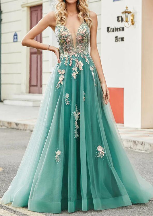 2024 Straps Tulle Long Prom Dress with Appliques and Beading BP1175