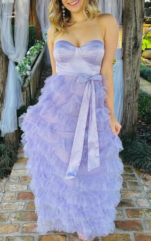 Strapless A-Line Long Prom Dress with Bow Belt and Ruffle Skirt BP1180