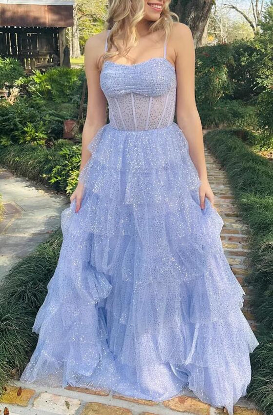 Straps Tulle Sequins Long Prom Dress with Ruffle Skirt BP1181