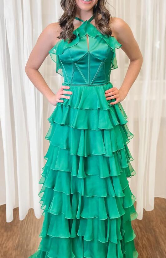 Halter Neck Chiffon Long Prom Dress with Ruffle Skirt BP1182
