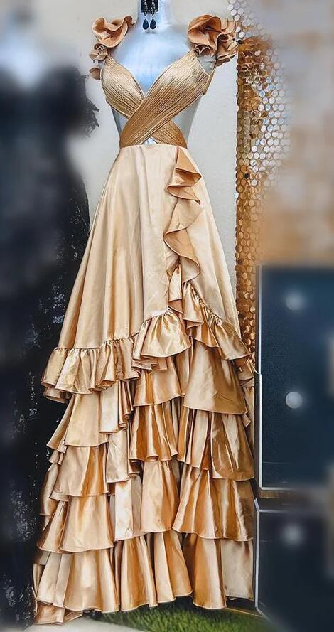 Ruffled Straps Pleated Layered Long Prom Dress BP1188
