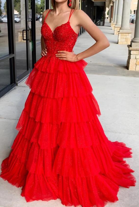 Spaghetti Straps Long Prom Dress with Lace Bodice and Ruffle Skirt BP1190