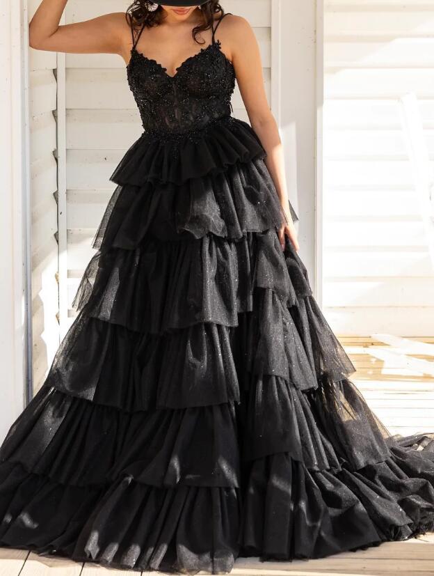 Spaghetti Straps Long Prom Dress with Lace Bodice and Ruffle Skirt BP1190