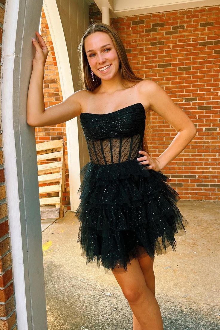 2023 Strapless Sequin Tulle Homecoming Dress with Ruffle Skirt BP919