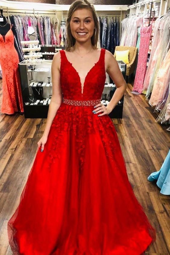 Red Tulle Long Prom Dresses with Appliques and Beading,Evening Dresses,Formal Dresses,BP522