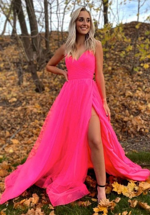 Simple Tulle Long Prom Dresses with Slit,Evening Dresses,Formal Dresses,BP506