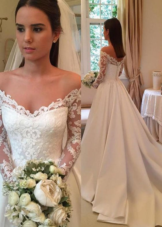 A-line Off Shoulder Satin Wedding Dress with Applique ,Fashion Custom made Bridal Dress PDW031