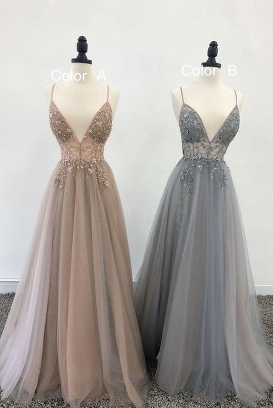 Sexy A-line Tulle Prom Dresses Long with Beading KD0137