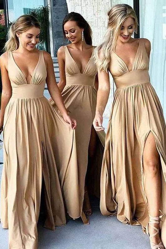 Sexy V-Neck A-Line Floor Length Bridesmaid Dress with Split PDB016