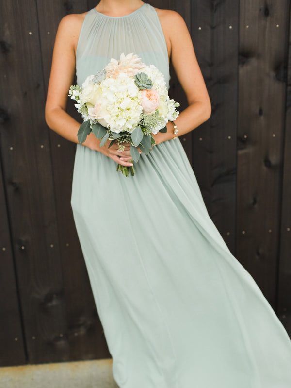 Gorgeous A-line Sage Long Chiffon Bridesmaid Dress,Cheap Custom Made Wedding Formal Dresses,PDB045