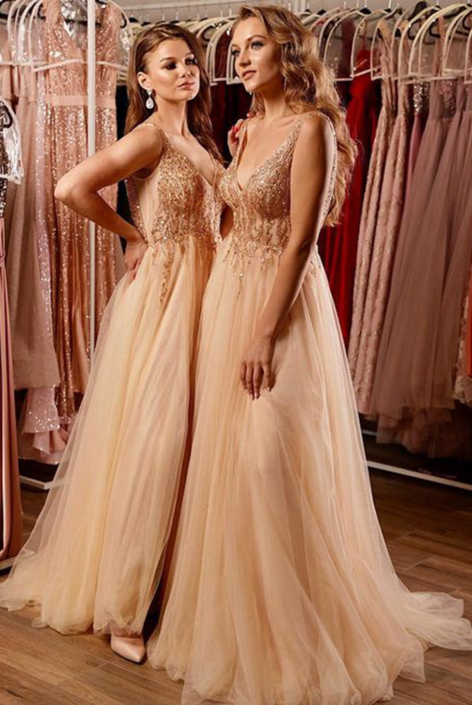 V-neck Tulle Long Prom Dress with Beading,Popular Evening Dress,Fashion Winter Formal Dress,BP124