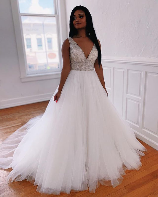 V-neck Tulle Wedding Dresses with Beading,Custom Made Bridal Dresses,PDW129