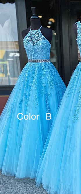 Ball Gown Lace up Back Long Prom Dresses with Appliques and Beading Fashion Formal Dress BP008