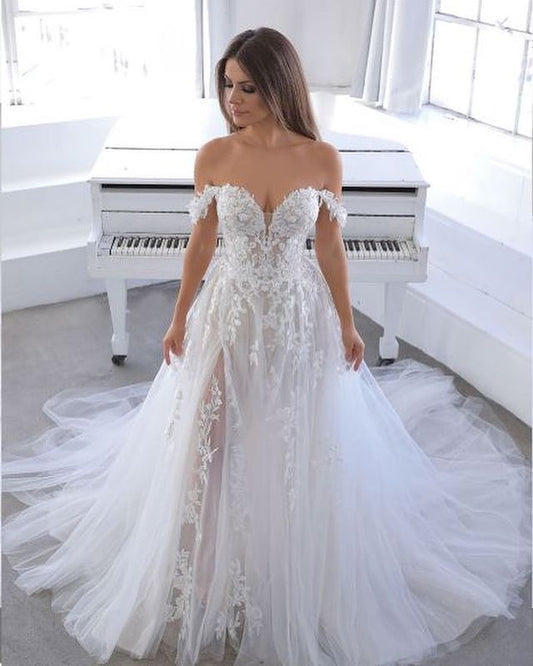 Off Shoulder A-line Lace/Tulle Wedding Dresses,Fashion Custom made Bridal Dress, PDW070