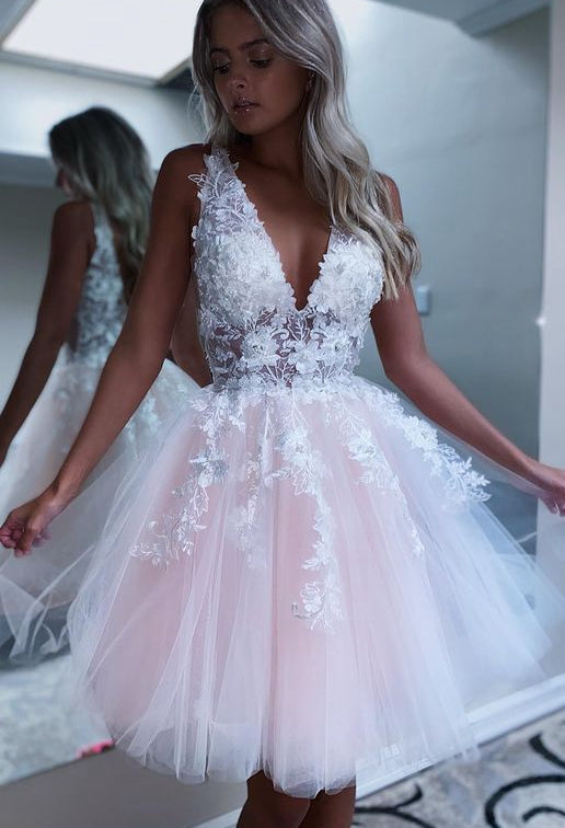 Deep V-neck Tulle Homecoming Dresses with Appliques and Beading,Short Prom Dresses,Dance Dress BP469