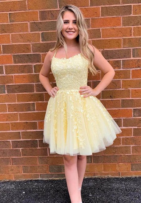 Yellow Short Lace Homecoming Dresses,Short Prom Dresses,Dance Dress BP405