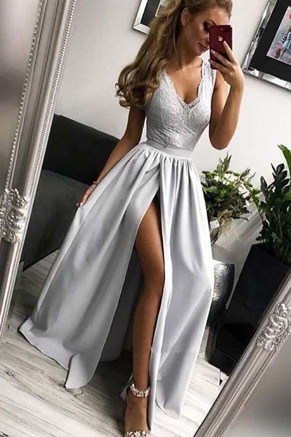 V-neck A-line Long Prom Dress with Slit Sweet 16 Quinceanera Dress PDP0368