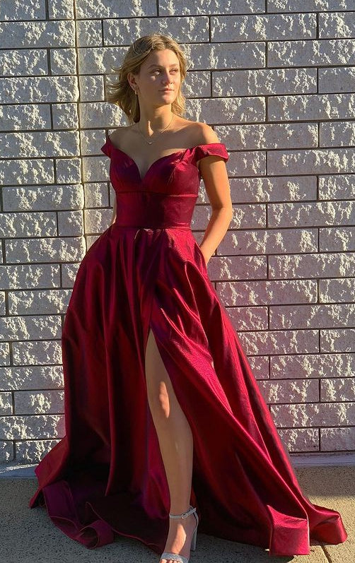 Off Shoulder Simple Long Prom Dress with Slit,Popular Evening Dress,Fashion Winter Formal Dress,BP142