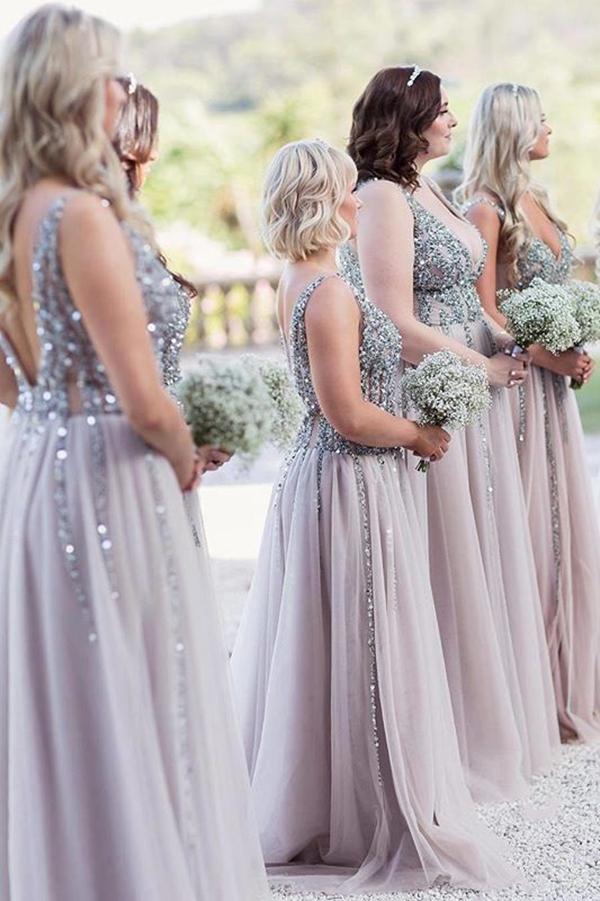 V Neck Backless Beading Tulle A-line Long Modest Bridesmaid Dresses For Wedding,Fashion Bridesmaid Dresses,PDB063