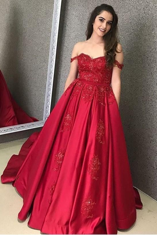 Off Shoulder Ball Gown Long Prom Dress with Applique and Beading,Fashion Dance Dress,Sweet 16 Dress PDP0228