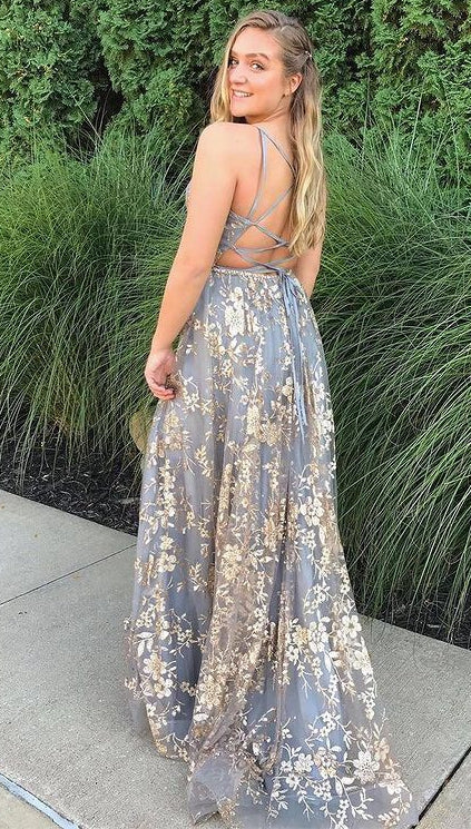 Sparkly Lace Long Prom Dresses with Slit,Evening Dresses,Formal Dresses,BP685