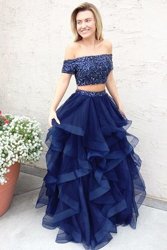 Off shoulder Two Pieces Long Prom Dress with Beading Fashion School Dance Dress Sweet 16 Quinceanera Dress PDP0376