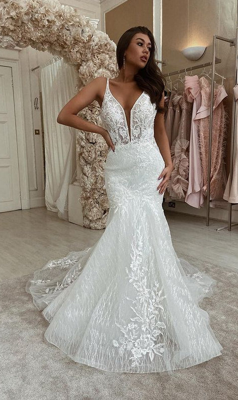 V-neck Open Back Sparkly Mermaid Wedding Dresses with Appliques,PDW112