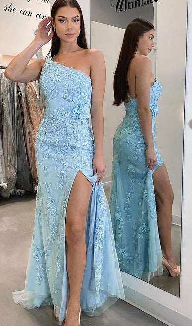 One Shoulder Long Prom Dresses with Appliques and Beading BP101