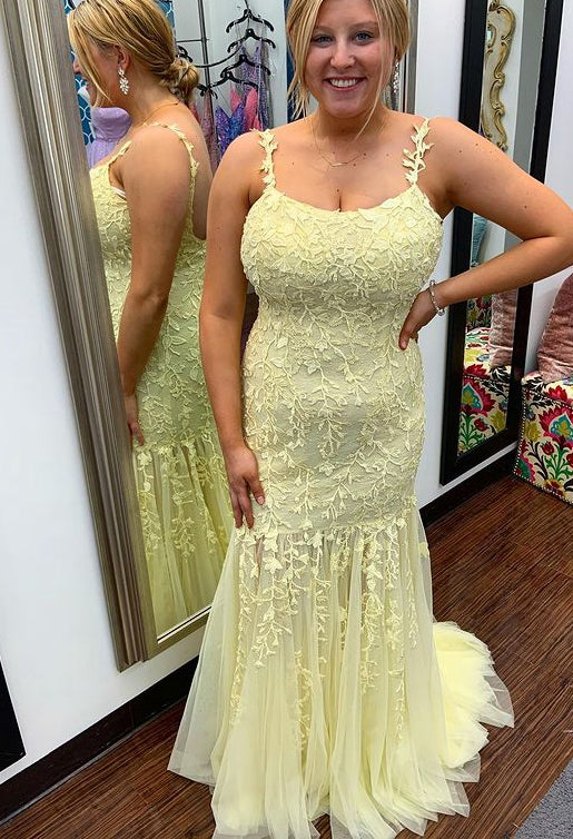 Yellow Open Back Mermaid Lace Long Prom Dresses,Formal Dress,BP425