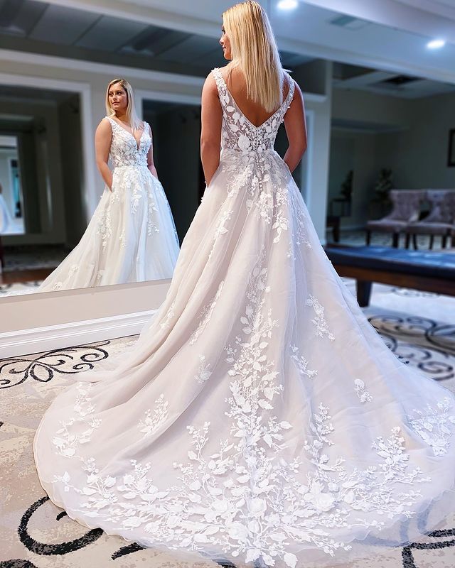 V-neck Open Back Lace/Tulle A-line Wedding Dresses,Custom Made Bridal Dresses,PDW119