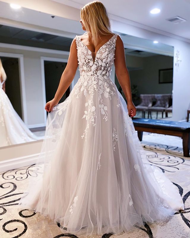 V-neck Open Back Lace/Tulle A-line Wedding Dresses,Custom Made Bridal Dresses,PDW119