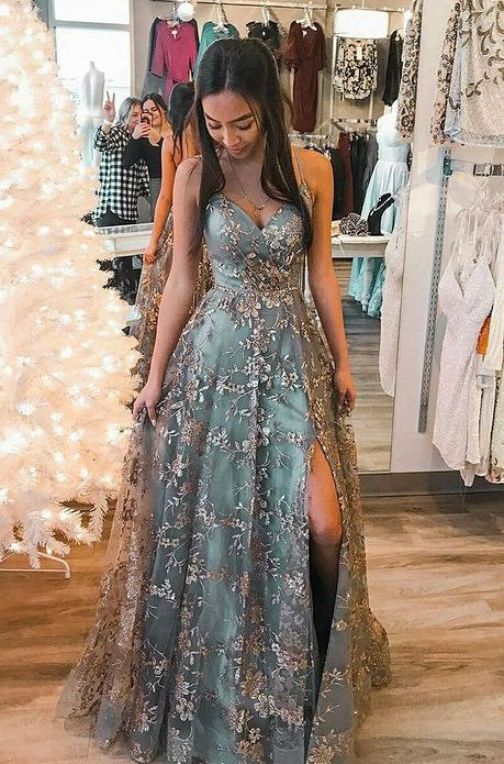 Sparkly Lace Long Prom Dresses with Slit,Evening Dresses,Formal Dresses,BP684