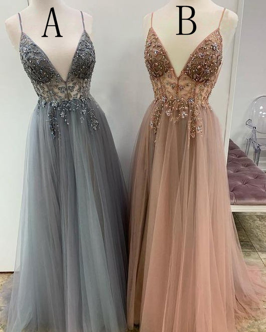 V-neck Tulle Long Prom Dress with Beading, Popular Evening Dress ,Fashion Winter Formal Dress,BP116