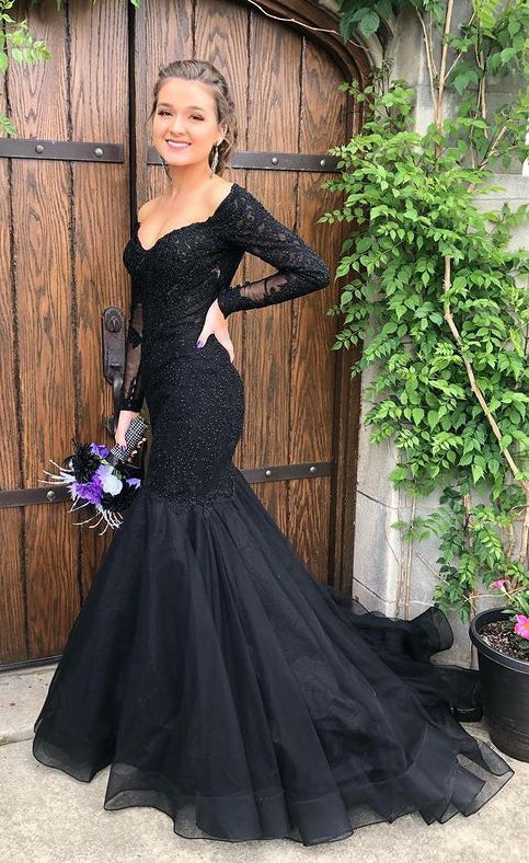 Black Mermaid Long Prom Dresses with Appliques and Beading,Evening Dresses,Winter Formal Dresses,BP589