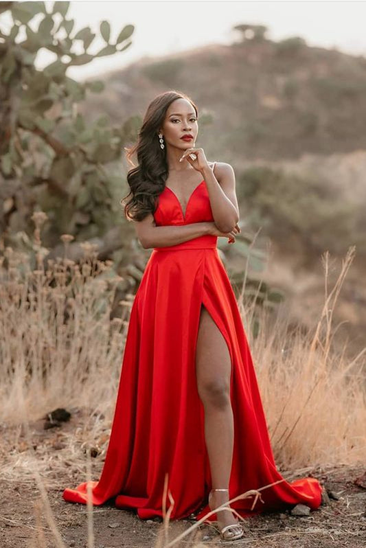 Simple Red Long Prom Dresses with Slit,Evening Dresses,BP109