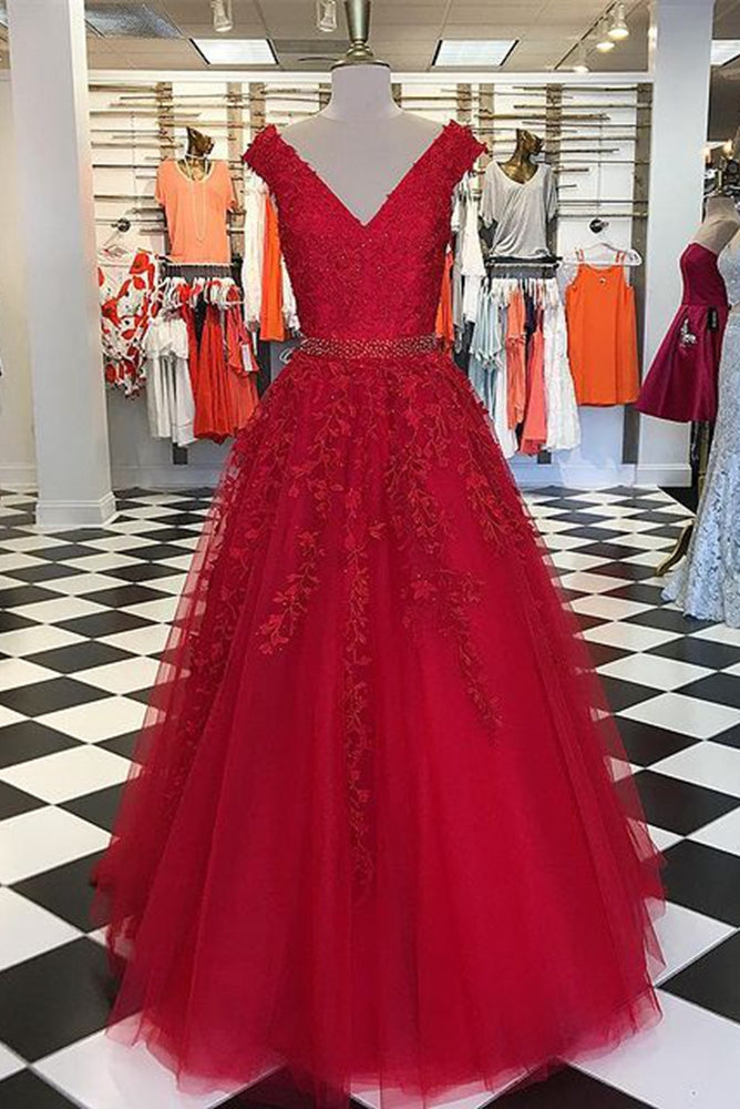 V-neck Tulle Long Prom Dresses with Appliques and Beading,Evening Dresses,Formal Dresses,BP579