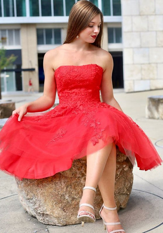 Strapless Red Lace Homecoming Dresses,Short Prom Dresses,Dance Dress BP429