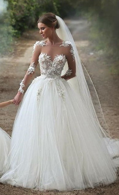 Tulle Ball Gown Wedding Dresses with Appliques and Beading,Fashion Custom made Bridal Dress,PDW096
