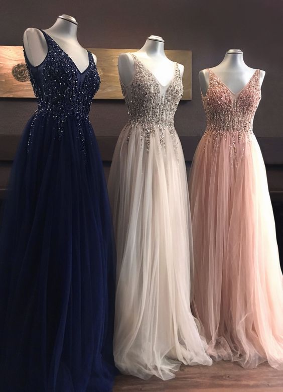 V-neck Long Prom Dress With Beading, Popular Tulle Eveing Dress ,Fashion Winter Formal Dress PDP0024